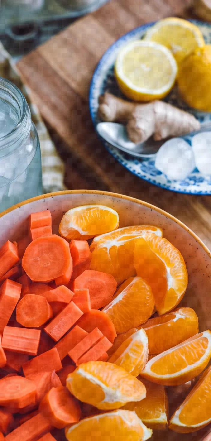 Ingredients photo for Fresh Carrot Orange Ginger Juice Homemade Detox Drink Recipe